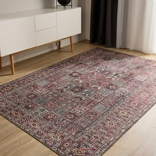 benuta Basic Waschbarer Teppich George - Multicolor/Rot 60x120 cm - Teppich für Wohnzimmer & Schlafzimmer, pflegeleicht und waschbar bei 30°. Mit Anti-Rutsch-Rückseite für sicheren Halt und ideal für Haushalte mit Kindern und Haustieren.