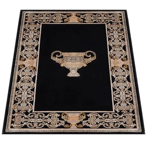 Belle Arti Teppich Orientteppich Wohnzimmer in Schwarz Gold mit Griechischem Mäander Amphore Muster Kurzflor - orientalisch antik edel rutschfest antiallergisch 100% Polyester (66 x 110 cm)