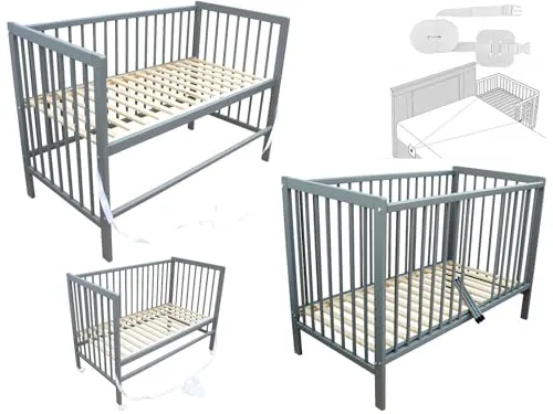 Micoland Kinderbett - Beistellbett - Babybett 120x60 cm umbaubares Bett mit Gurt und Rädern (Grau)