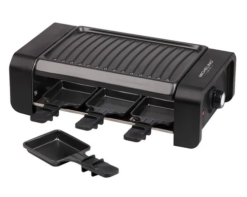 Michelino Raclette Grill für 6 Personen - 900 W Schwarz - Raclette für 6 Personen mit antihaftbeschichteten Pfännchen und 2 Etagen. Ideal für gesellige Abende und leckere Grillabenteuer!