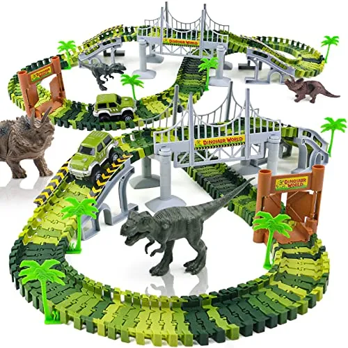 Dinosaurier Spielzeug Autorennbahn mit Elektroauto – 142 Teile Komplettset für Kinder ab 3 Jahren