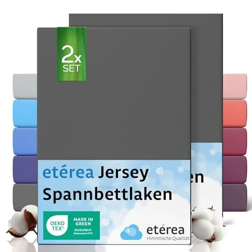 etérea Jersey 2er Set Spannbettlaken 80x200cm Anthrazit bis 20 cm Höhe - 100% Baumwolle Spannbetttuch Oekotex - Kinder Spannbettlaken Bed Sheets - Doppelpack Bettlaken 80x200 cm - Dunkelgrau