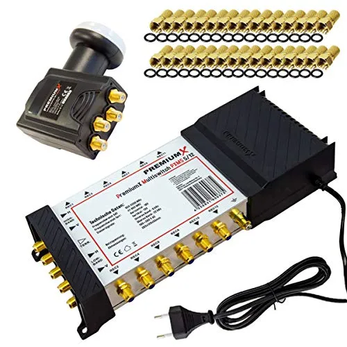Premium X Multischalter Set 5/12 - Signalverteiler für 12 Teilnehmer - Multischalter für 1 Satellitenposition mit 12 Ausgängen, ideal für DVB-S/S2 Receiver. Inkl. Deluxe Quattro LNB und 32 F-Steckern, hohe Frequenzstabilität und Energie-Optimiertes-Netzteil.