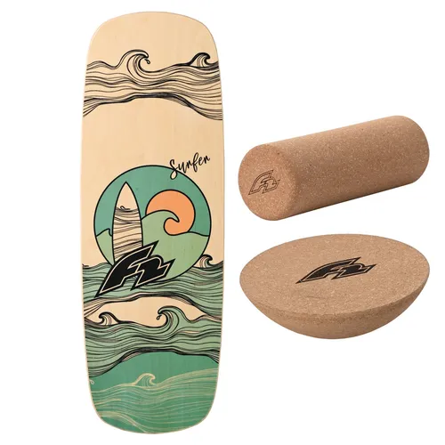 F2 Set Balance Board Pill 86x30cm mit Halbkugel und Korkrolle - Balanceboard-Set für gezieltes Training von Rücken und Rumpf. Rutschfester Korkdeck sorgt für sicheres, barfußfreundliches Training und passt sich jedem Fitnesslevel an.