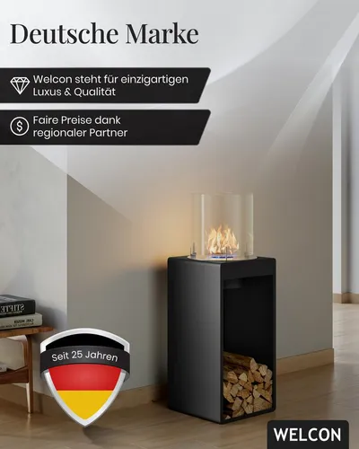 WELCON Bioethanol Kamin & Fireplace Ribe, eleganter Standkamin - Dekokamin im skandinavischen Design, freistehend und sofort betriebsbereit. Genießen Sie nachhaltige Wärme mit rauchfreiem Bioethanol und TÜV-zertifiziertem Sicherheitsbrenner.