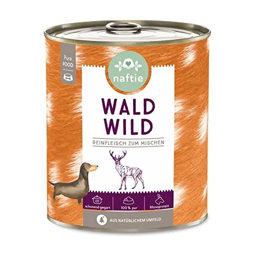 naftie Premium Hundefutter 100% Wald Wild - Reinfleisch pur - Nassfutter zum Mischen, Barf-Fleisch - glutenfrei getreidefrei - 800g Dosen