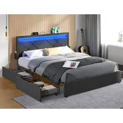 Doppelbettgestell 160 x 200 cm mit LED und 4 Schubladen - Stylisches Metallbett für das Schlafzimmer, ausgestattet mit LED-Beleuchtung und 4 praktischen Schubladen für zusätzlichen Stauraum.