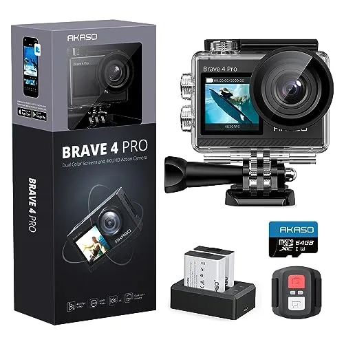 AKASO Brave 4 Pro Action Cam 4K - Actionkamera mit 4K/30fps, 20MP, 40M wasserdicht und EIS Stabilisierung für flüssige Aufnahmen. Inklusive 64GB Speicherkarte und 2 Akkus für lange Abenteuer.