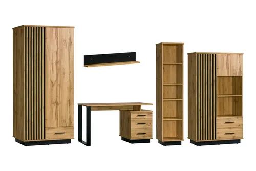 Deine Möbel 24 Jugendzimmer-Set LAMI G – 5-tlg. Kleiderschrank, Schreibtisch, Regale & Wandboard in Wotan Eiche / Schwarz - LAMI G – Funktionales Möbelset für Jugendzimmer oder Homeoffice. Mit modernem Design und viel Stauraum für Kleidung und Bücher. Ideal für stilvolle Akzente und praktische Lösungen in jedem Raum.