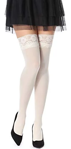 Bellivalini Damen Halterlose Mikrofaser 40 DEN Strümpfe mit Spitze BLVFI1004 (Ecru, XL (Herstellergröße: 5))