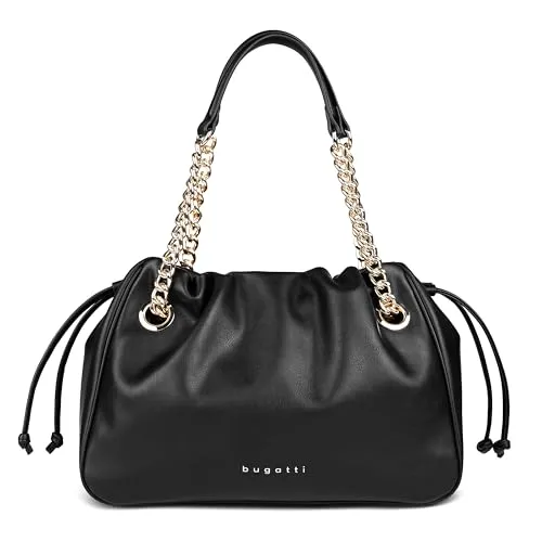 bugatti Leni Handtasche mittel für Damen, Schultertasche aus Kunstleder mit Kettenhenkel, schwarz