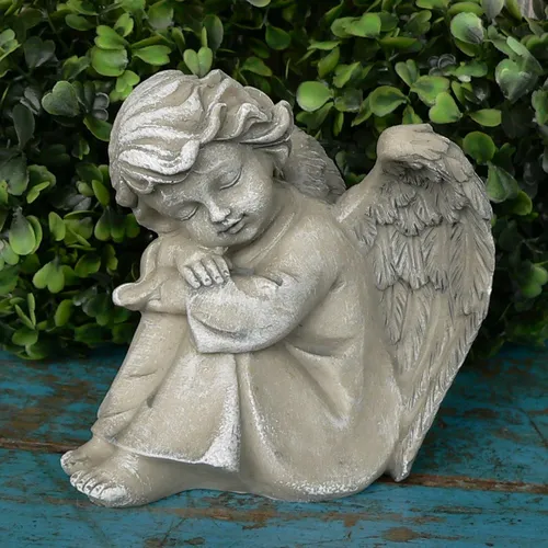 Grabengel 11cm sitzend Grabschmuck Trauerengel Grabdeko Engel wetterfest grau