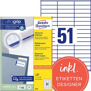 AVERY Zweckform Etiketten 3420 - 5.100 Stück, 70,0 x 16,9 mm - Universaletiketten weiß, selbstklebend und FSC-zertifiziert, ideal für professionelles Etikettieren und einfaches Bedrucken mit über 1.000 Designs.