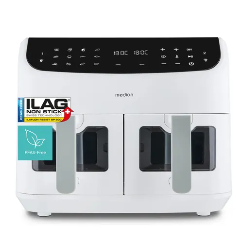 MEDION P20 XXL Heißluftfritteuse mit 2 Kammern - Heißluftfritteuse (8,7 Liter, 2.600W) für fettfreies Frittieren mit Sichtfenster und 9 Automatikprogrammen – ideal für große Familien.