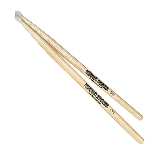 MUSIC STORE 5AN Hickory Drumsticks, Nylon Tip, Langlebige 5A Holzstöcke, 405mm Länge, 15mm Durchmesser, Ideal für Professionelles Trommeln, 30 Tage Geld-zurück-Garantie