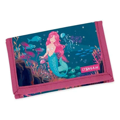 itenga Kinder Geldbörse - Geldbeutel und Brustbeutel - mit Klettverschluss, Kordelband, Geldscheinfach und Münzfach Sichtfenster für Mädchen und Jungen (Motiv Meerjungfrau)