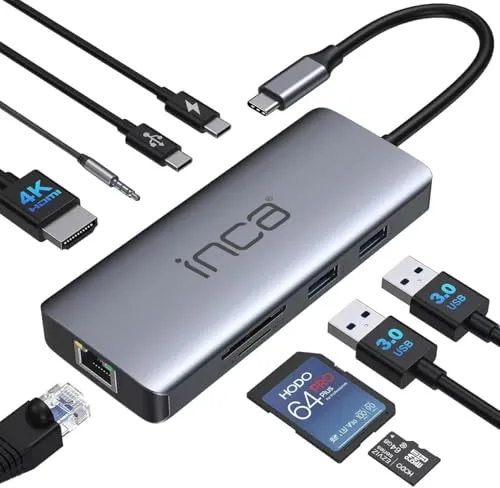 inca 9 in 1 USB C Hub ITPC-10TX - Vielseitige Docking Station für MacBook & mehr - Docking Station: Verwandelt einen USB-C-Port in einen leistungsstarken Hub mit 9 Anschlüssen, 4K HDMI, Gigabit LAN und Power Delivery bis 100W für schnelles Laden und stabile Verbindungen.