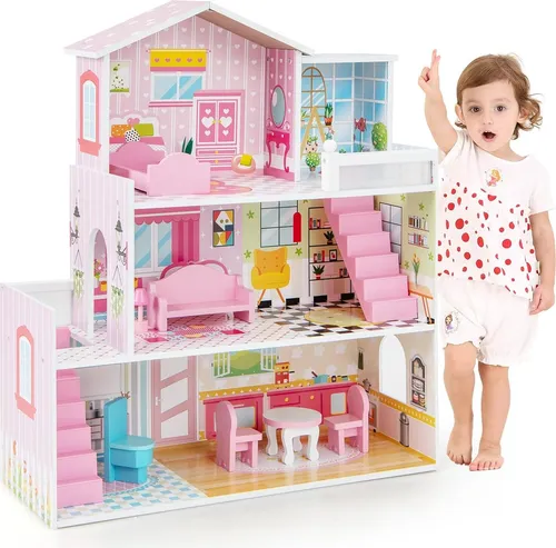 GOPLUS 3-stöckiges Puppenhaus mit Möbelset