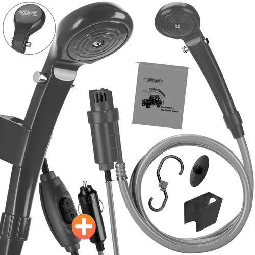 Monzana® Campingdusche 12V mit KFZ-Adapter - Praktische mobile Dusche für Camping und Outdoor, 2m Schlauch und 5m Stromkabel bieten Flexibilität, ideal zum Waschen von Händen, Geschirr oder Haustieren.