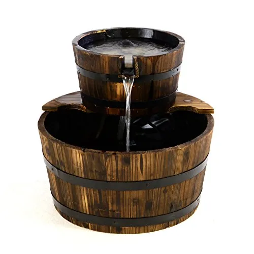 Gartenbrunnen Holzbrunnen Fass Ø 44 cm mit Wasserpumpe 11 Watt - Springbrunnen für Gartenteiche, rustikales Design aus witterungsbeständigem Echtholz, ideal für eine exquisite Gartenatmosphäre.