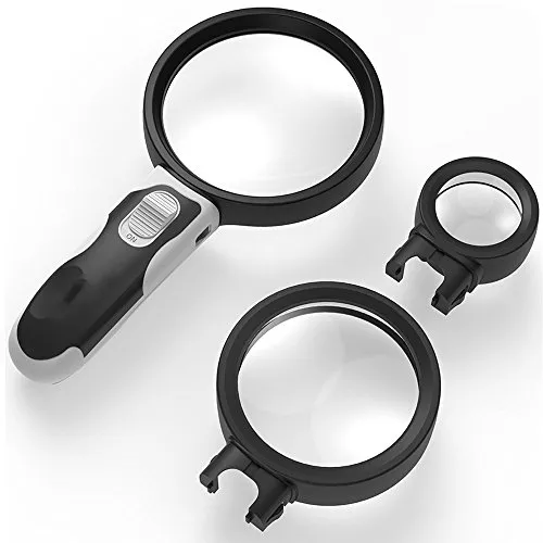 Lupe mit Licht, 3 abnehmbare Objektive, 2,5X, 5X, 16X, 2 ultra-helle LED-Lichter, ergonomischer Griff, leichtes Glas