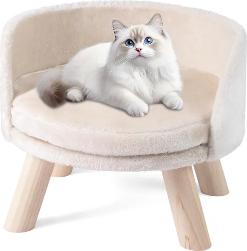 COSTWAY Katzensofa mit Holzbeinen und Kissen, 42x42x33 cm, Beige - Elegantes Katzensofa für kleinen Haustiere mit gemütlichem Kissen und stabilen Kiefernholzbeinen. Ideal für entspannte Ruhepausen und einfach zu montieren. Perfekt für bis zu 30 kg.