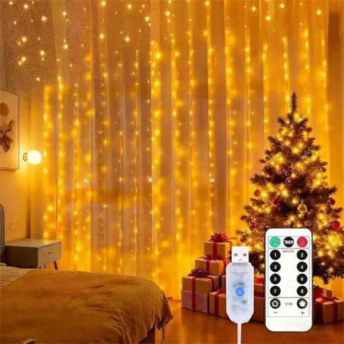 Songlypian Lichtervorhang 3x3m,300 LED Lichterkettenvorhang mit 8 Modi,USB,Lichtervorhang Innen,Lichterkette für Lichterkette Fenster Innen Außen Deko,Party,Weihnachten,Terrasse(Warmweiß)