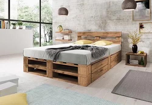 Lermowood Palettenbett M2 aus Holz 140 x 200 cm Eiche mit Kopfteil und 2 Bettkästen Holzbett 40cm Stabiles Seniorenbett Kinderbett Jugendbett Gästebett erhöhtes Bettgestell Futonbett Komforthöhe
