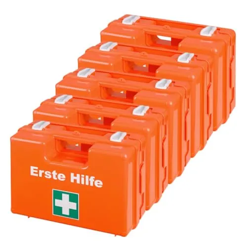 ERSTEHILFESHOP BIGPACK 5 x Erste-Hilfe-Koffer, mit Wandhalterung, Kunststoff, orange, DIN 13157, Art.-Nr. 608823 | Verbandskasten | Notfallkoffer | Erste Hilfe Kasten