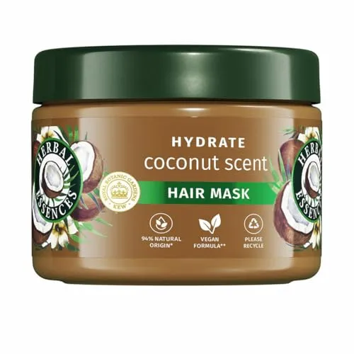 Herbal Essences Feuchtigkeitsmaske mit Kokosnussduft, 500 ml, für beschädigtes Haar, hilft bei der Pflege und Glättung, für weiches Haar, Inhaltsstoffe natürlichen Ursprungs, vegan und nicht an Tieren