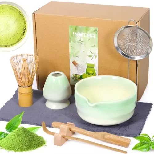 Ästhetisches 8-teiliges Matcha-Set, Keramikschale Farbverlauf, Teezeremonie-Kit mit 100-Borsten Bambusbesen & Ausgießer, spülmaschinenfest, Geschenk für Matcha-Liebhaber & Einsteiger