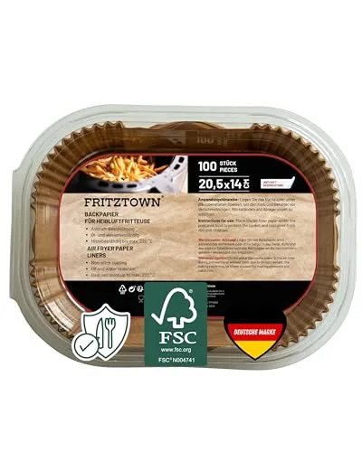 FRITZTOWN Air Fryer Paper | Antihaft Backpapier für Heißluftfritteusen, Mikrowelle & Backofen | Hitzebeständig & Fettdicht (100 Blatt, 20,5x14 cm Rechteckig)