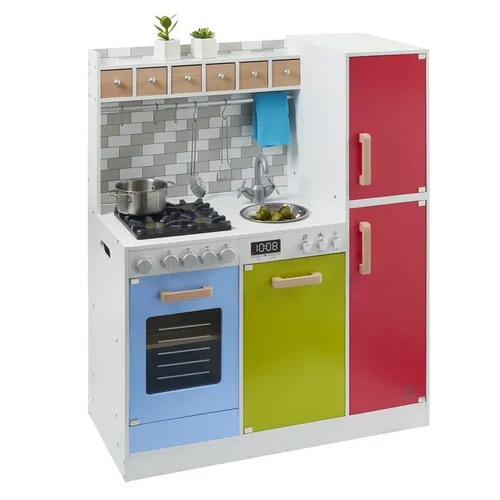 MUSTERKIND® Mehrfarbige Kinder Spiel Küche mit Holz Kochfeld und Backofen