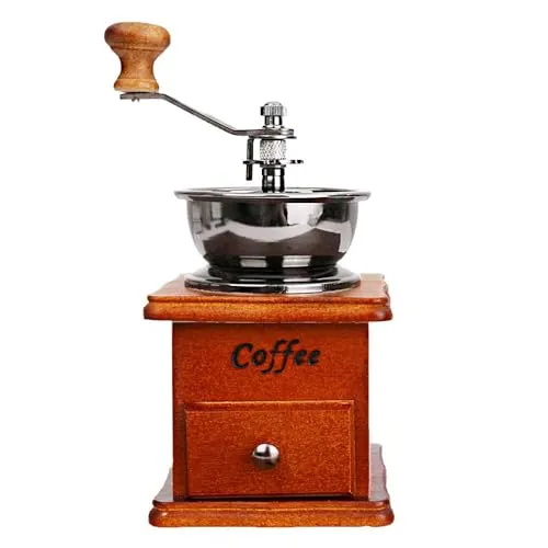 ANCLLO Manuelle Kaffeemühle, Kaffeebohnenmühle, Vintage Antik Holz Handmühle mit einstellbarer Zahnradeinstellung und keramischem konischem Mahlwerk