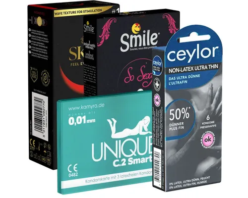 Kondomotheke Kondome Probierset: Latexfreie Kondome Special 4 Packungen im Mix, insgesamt, 22 St., Kondome Testpack, verschiedene Sorten für Allergiker, hypoallergen & ohne Latex