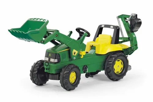 Rolly Toys rollyJunior Trettraktor John Deere mit Lader und Heckbagger - Tretfahrzeuge für Kinder, mit Flüsterlaufreifen für leises Spielen und umfangreichem Zubehör für grenzenlosen Spielspaß.