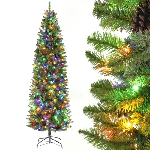 230cm Weihnachtsbaum Künstlich mit Beleuchtung, 7.5ft Künstlicher Weihnachten Baum mit 350 Warmweißen und Mehrfarbigen LED Lichtern 9 Modi 880 PVC Zweigspitzen Faltbarem Metallständer für Haus Büro