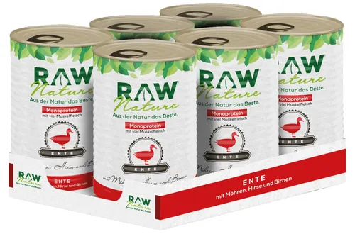 RAW Nature Nassfutter Ente Pur - Getreidefrei für Hunde - Hundefutter mit 100 % natürlichen Zutaten, ideal für Allergiker. Monoprotein aus Ente, kombiniert mit Hirse und Birne für eine leicht verdauliche, ausgewogene Ernährung.