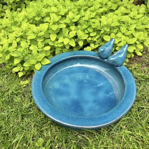 Vogeltränke aus Keramik, grün-blau | H 11,0 x B 30,5cm - Vogeltränke aus hochwertiger Keramik, ideal für Ihren Garten, zieht Vögel an und sorgt für frisches Wasser.