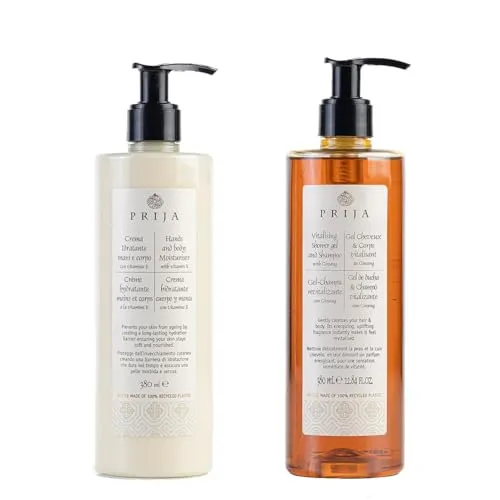 Prija Hand & Körpercreme & Duschgel mit Ginseng 2x 380ml - Feuchtigkeitsspendende Hand- und Körpercreme mit Vitamin E und Sheabutter für geschmeidige Haut. Inklusive vitalisierendem Duschgel mit Ginseng für ein erfrischendes Reinigungserlebnis. Ideal für die tägliche Pflege.