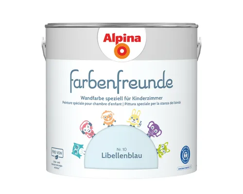Alpina Farbenfreunde – Nr. 10 Libellenblau – Kinderzimmer Wandfarbe - Wandfarbe für Kinderzimmer, lösemittel- und konservierungsmittelfrei. Sorgt für ein gesundes Raumklima und harmonische Farbtöne. 2,5L für ca. 20-25m², ausgezeichnet mit dem Blauen Engel.
