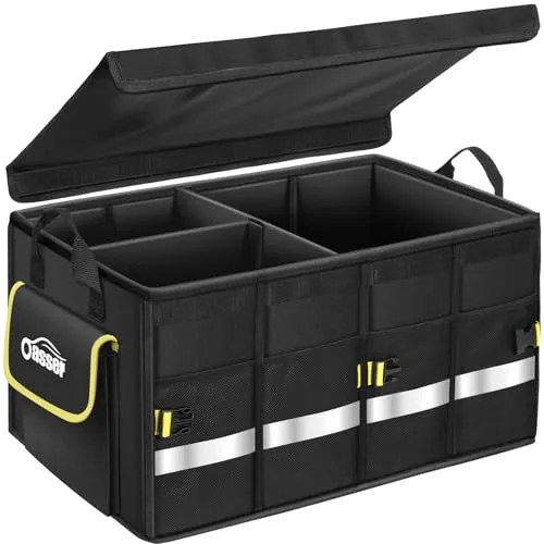 Oasser Kofferraum Organizer mit Deckel – Wasserdicht und Faltbar - Kofferraumtasche mit stabilen Trennwänden und einer Tragfähigkeit von 30 KG. Ideal für Ordnung im Auto, schützt Ihre Ladungen vor Staub und Regen. Faltbar und mit Reflexstreifen für zusätzliche Sicherheit.
