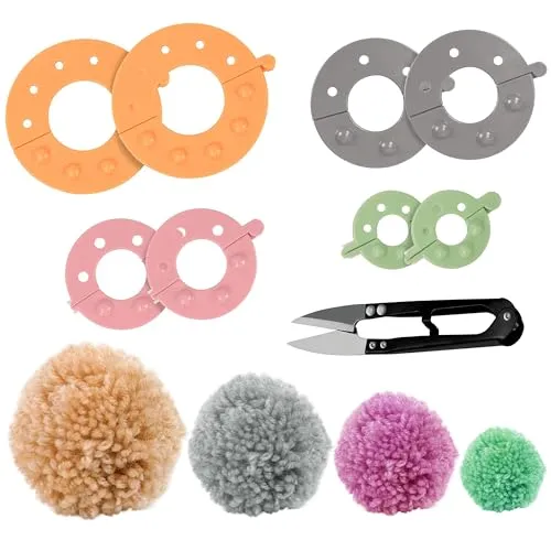 Curtzy Kunststoff Pompom Maker Set (4er Pack) mit Schneideschere - 4 Größen (3,5/5,5/7 & 9 cm) Puschel Basteln - Wiederverwendbare DIY Pom Pom Maker Fluff Ball Wolle Werkzeug