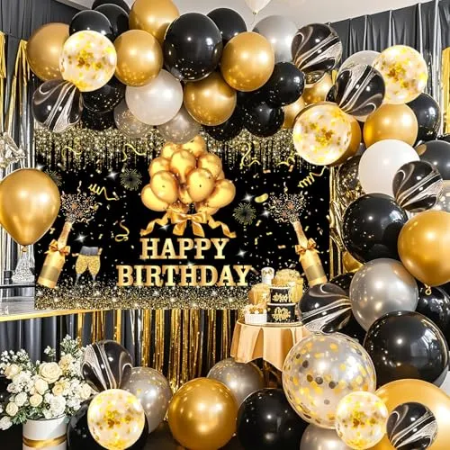 YinQin 63 Stück Schwarz Golden Geburtstags Ballons Deko für Männer Frauen
