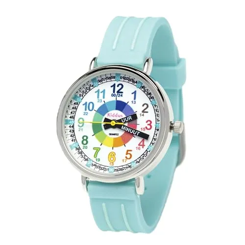 Kiddus Lern Armbanduhr für Kinder, Jungen und Mädchen. Analoge Armbanduhr mit Zeitlernübungen. Time Teacher. Dutch Turquoise
