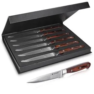Navaris 6x Steakmesser Set mit Holzgriff - Steakbesteck 6-teilig aus Edelstahl und Pakkaholz, ideal für perfekte Schneideergebnisse und stilvolle Grillpartys. Inklusive eleganter Geschenkbox für besondere Anlässe.