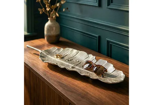 FINEBUY Dekoschale FB77688 – Elegante Blattform aus Aluminium, 60cm Silber