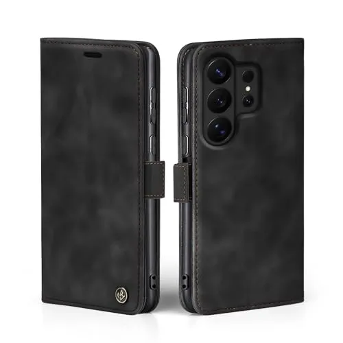 LBH Handyhülle für Samsung Galaxy S26 Ultra in Schwarz mit Karten- und Geldfach Smartphone Hülle mit Standfunktion Flip Case Schutzhülle Magnetverschluss Vintage