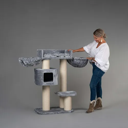 RHRQuality Kratzbaum für große Katzen – Devon Rex Plus – 120 cm hoch – Mit 15 cm Sisalstangen & Spielhaus – Hellgrau