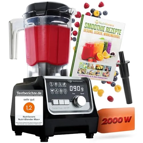 NUTRI-BLENDER MAX+ Hochleistungsmixer 2000W - Standmixer mit 2000W für cremige Smoothies und mehr, inkl. Rezeptbuch und BPA-freiem 2L Tritan-Behälter. 9 Geschwindigkeitsstufen und digitale Timer-Funktion für perfekte Ergebnisse.